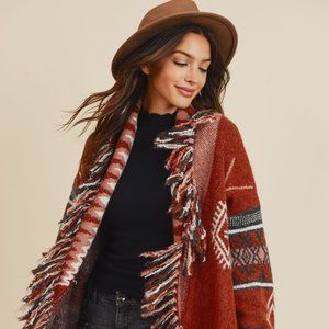 TRIBAL FRINGE DETAIL KNIT RETRO CARDIGAN